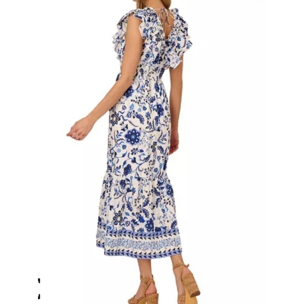 Adrianna Papell Blue White Floral Ruffle Midi Dress NWOT Size 10 Cottagecore - Picture 3 of 10